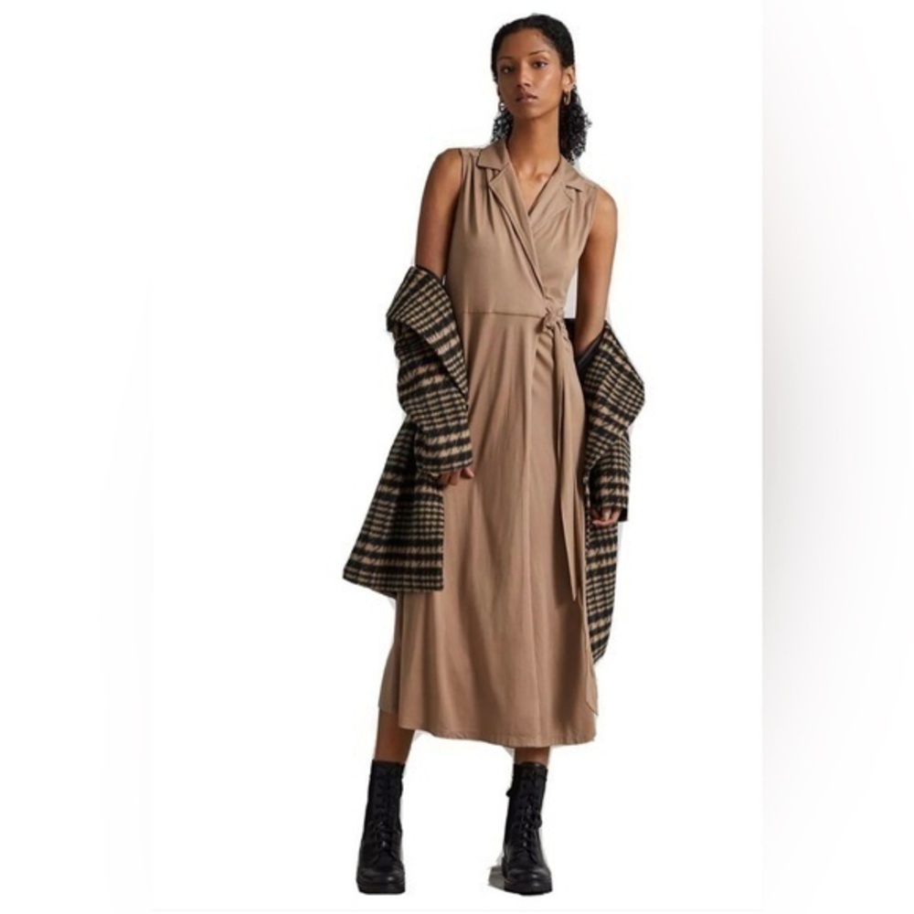 Anthropologie Wrap Maxi Dress Taupe Brown Stretch  Knit Sleeveless collared